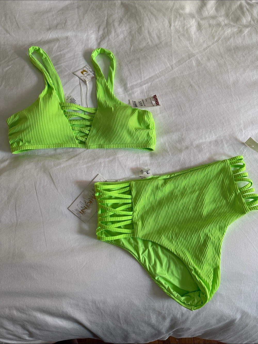 Neon Lime Strappy Ribbed Bikini Set